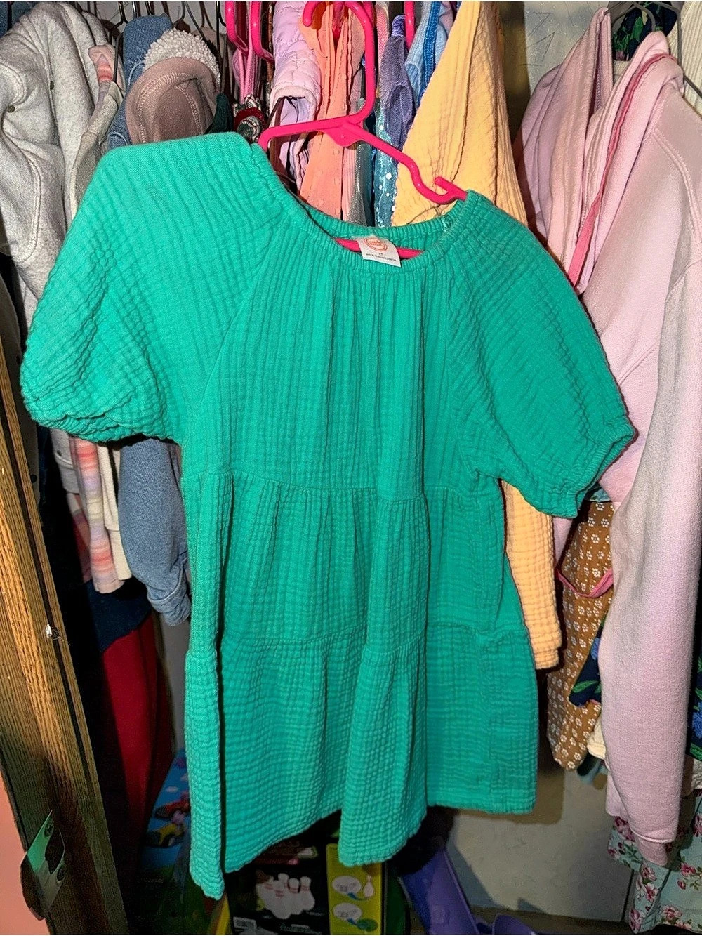 Wonder Nation Girls Woven Tiered Dress with Short Sleeves Green